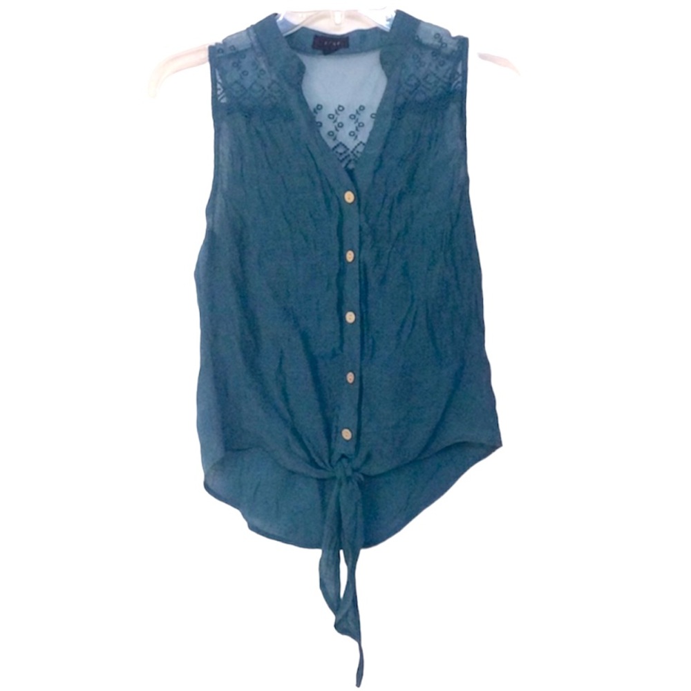 🌞 Edge y2k Teal Lace Summer Button up waist tie, upper back is Sheer women S